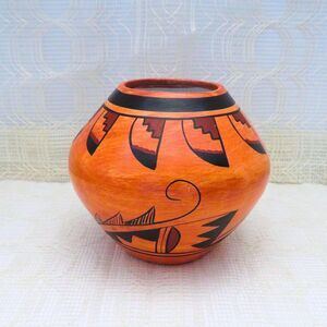 Vintage Mexican Pot Orange Black Red Unsigned Style of R Galvan